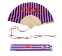 Fisura - Éventail Original avec Message “Ciao”. Accessoire en Bois Moderne et coloré. Ventilateur à Main pailleté à Rayures Bleues et Roses. Dragonne Incluse. Idée Cadeau Amusante. 42,5 x 23 cm