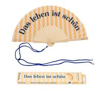 Fisura - Éventail Original avec Message “Das Leben ist Schon”. Accessoire en Bois Moderne et coloré. Ventilateur à Main Jaune à Rayures. Dragonne Incluse. Idée Cadeau Amusante. 42,5 x 23 cm