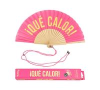 Fisura - Éventail original avec message en espagnol "que calor". Éventail moderne et amusant en bois. Éventail pliant rose et jaune. Dimensions : 42,5 x 23 cm.