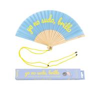 Fisura - Éventail Original avec Message en Espagnol yo no sudo, brillo. Éventail Amusant en Bois. Éventail Pliant Bleu et Jaune. Phosphorescent. 42,5 x 23 cm.