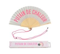 Éventail original avec message ""P de chaleur"". Éventail en bois moderne et amusant. Éventail rose et violet. 42,5 x 23 - FISURA