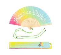 Fisura - Éventail original avec message en français "p*tain de chaleur". Eventail moderne et amusant en bois. Eventail pliant gris et rose. Phosphorescent. Mesures : 42,5 x 23 cm.