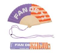Fisura - Éventail Original avec Message « Fan de ti » - Éventail en Bois Moderne Violet à Rayures Orange. Accessoire coloré avec Cordon Inclus - Idée Cadeau été - 42,5 x 23 cm