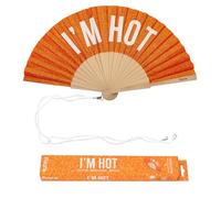 Fisura - Éventail Original avec Message “I'm Hot”. Accessoire en Bois Moderne et coloré. Ventilateur à Main pailleté Orange. Dragonne Incluse. Idée Cadeau Amusante. 42,5 x 23 cm