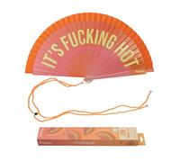 fisura - Éventail original avec message « It’s f*cking hot ». Accessoire en bois réversible tendance et vibrant. Ventilateur main dégradé rose orange. Crochet inclus. 42,5 x 23 cm