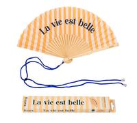 Fisura - Éventail Original avec Message “La Vie est Belle”. Accessoire en Bois Moderne et coloré. Ventilateur à Main Jaune à Rayures. Dragonne Incluse. Idée Cadeau Amusante. 42,5 x 23 cm