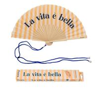 Fisura - Éventail Original avec Message “La Vita è Bella”. Accessoire en Bois Moderne et coloré. Ventilateur à Main Jaune à Rayures. Dragonne Incluse. Idée Cadeau Amusante. 42,5 x 23 cm