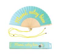 Fisura - Éventail Original avec Message “Mamá, Estoy Bien”. Éventail en Bois Moderne et Amusant. Éventail dégradé Bleu et Jaune. Éventail avec Cordon pour éventail. 42,5 x 23 cm.