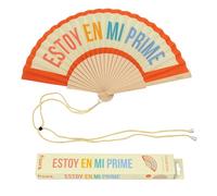 Fisura - Éventail Original avec Message « Mi Prime » - Éventail en Bois Moderne Jaune. Accessoire coloré avec Cordon Inclus - Idée Cadeau été - 42,5 x 23 cm