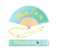 Fisura - Éventail original avec message “Mum, I'm ok”. Éventail en bois moderne et amusant. Éventail dégradé bleu et jaune. Éventail avec cordon pour éventail. 42,5 x 23 cm.