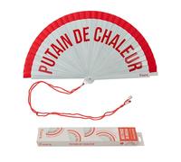 Fisura - Éventail original avec message « P*tain de chaleur ». Ventilateur réversible bois moderne et coloré. Accessoire main rouge blanc élégant. Crochet fourni. 42,5 x 23 cm