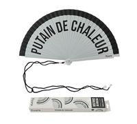 FISURA - Éventail original avec message « P*tain de chaleur ». Ventilateur réversible élégant bois coloré. Accessoire portable gris noir. Crochet inclus. Dimensions : 42,5 x 23 cm