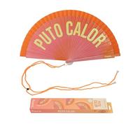 Fisura - Éventail original avec message « P*to calor ». Accessoire portable réversible en bois moderne. Ventilateur main dégradé rose orange vibrant. Crochet inclus. 42,5 x 23 cm