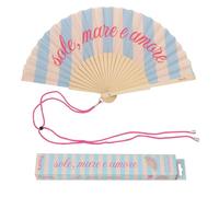 Fisura - Éventail Original avec Message “Sole, Mare e Amore”. Accessoire en Bois Moderne et coloré. Ventilateur à Main Bleu à Rayures. Dragonne Incluse. Idée Cadeau Amusante. 42,5 x 23 cm