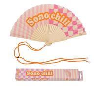 Fisura - Éventail Original avec Message “Sono Chill”. Accessoire en Bois Moderne et coloré. Ventilateur à Main Rose. Dragonne Incluse. Idée Cadeau Amusante. 42,5 x 23 cm