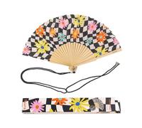 Fisura - Éventail Original avec Motif géométrique et Fleurs. Éventail Moderne en Bois coloré. Éventail avec Cordon pour éventail. Dimensions : 42,5 x 23 centimètres., AHP2410155