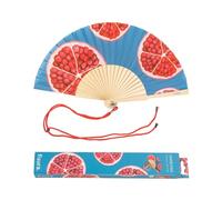 Fisura - Éventail Original Bleu et Rouge Avec Motifs de Grenades. Moderne et Amusant en Bois. Dimensions : 42,5 x 23. Matériau : Bois et Textile