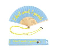 Fisura - Éventail original “I dont sweet I sparkle”. Éventail moderne en bois et amusant. Éventail bleu et jaune. Éventail avec cordon pour éventail. Brille dans l'obscurité. 42,5 x 23