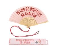 Fisura - Éventail original rose avec message "P*tain de Bouffées". Éventail en bois moderne et amusant. Éventail rose. Dimensions : 42,5 x 23. Matériau : Bois et textile.
