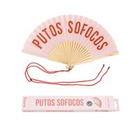 Fisura - Éventail original rose avec message "P*tos sofocos". Éventail en bois moderne et amusant. Éventail rose. Dimensions : 42,5 x 23. Matériau : Bois et textile.