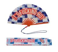 Fisura - Éventail XXL Original avec Message “It’s f*cking Hot”, Grand éventail Festival Bois Design coloré, Accessoire été Ventilateur Main Bleu, avec Cordon Inclus, Dimensions 64 x 33 cm