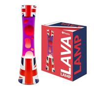 Fisura - Lampe à lave drapeau UK. Base avec motif de drapeau, liquide violet et lave rouge. Lampe à effet relaxant. Avec ampoule de rechange. 11 cm x 11 cm x 39,5 cm.