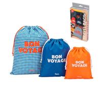 Fisura - Lot de 3 sacs à linge de voyage avec message « Out of the Office » - Cordon de serrage (6L, 4L, 2L) - Sacs de rangement pour valise, cadeau original (Bon voyage, orange et bleu)