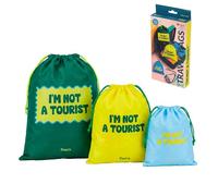 Fisura - Lot de 3 sacs à linge de voyage avec message « Out of the Office » - Cordon de serrage (6L, 4L, 2L) - Sacs de rangement pour valise, cadeau original (Tourist, vert)