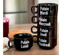 fisura. - Lot tasses à café originales p*tain de semaine. Tasses à café noires avec message pour chaque jour de la semaine. Lot de 5 mugs amusants en céramique.