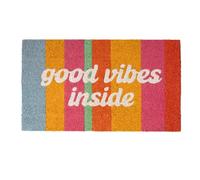 fisura. - Paillasson d'entrée "good vibes inside" en fibre de coco avec base antidérapante en PVC. Tapis original multicolore peint à la main. Dimensions : 70 cm x 40 cm.