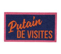 Fisura - Paillasson d'entrée Maison “P*Tain de visites” en Coco avec Base antidérapante en PVC. Tapis intérieur Orange et Bleu Peint à la Main. Message insolent et Fun. 70 x 40 cm