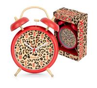 Fisura - Réveil analogique sans tic-tac Rouge Motif léopard. Réveil analogique avec lumière LED de Nuit et Alarme Message Better Late Than Ugly. Métal 11,7 x 5,5 x 16 cm. 1 Pile AA Non Incluse