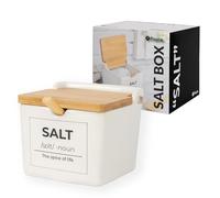 Fisura - Salière originale avec couvercle “salt”. Grand pot carré en céramique avec couvercle en bois et cuillère. Pour sel, sucre ou épices. 10 x 10 x 9 cm. Design déco.