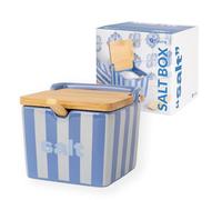 Fisura - Salière originale bleue avec couvercle “salt”. Grand pot carré en céramique avec couvercle en bois et cuillère. Pour sel, sucre ou épices. 10 x 10 x 9 cm.