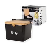 Fisura - Salière originale noire avec couvercle “yeux”. Grand pot carré en céramique avec couvercle en bois et cuillère. Idéal comme salière, sucrier ou pot à épices. 10 x 10 x 9 cm.