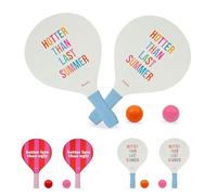 Fisura - Set Raquettes Plage Original “Hotter Than Last Summer”. Palettes Bois Blanches et Bleues avec Sac Filet. Accessoire Estival ludique. 2 balles fournies.