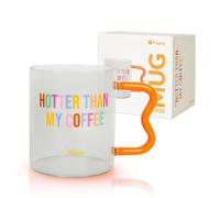 Fisura Tasse à café en verre avec message « hotter ». Tasse en borosilicate avec poignée originale orange. Gobelet en verre pour thé ou café. Capacité de 410 ml.
