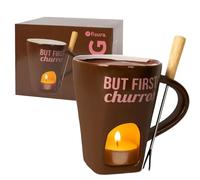 Fisura - Tasse à fondue au chocolat originale fondue au fromage avec tasse et fourchette. Tasse marron avec message « but first churros » pour fondue. Tasse originale pour cadeau. 140 ml