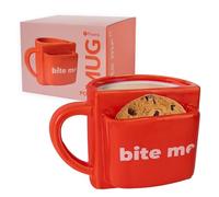 Fisura - Tasse originale “Bite me” rouge avec poche à biscuits. Tasse originale thé ou café 360 ml. Mug petit déjeuner drôle et tasse moderne pour offrir en cadeau