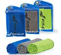 Fit-Flip Serviette rafraîchissante Lot de 3, 100x30cm, Serviette Sport Microfibre rafraîchissante, Airflip Cool Towel, Serviette Microfibre - Couleur: Vert néon/Bleu foncé/Gris, Dimensions: 100x30cm