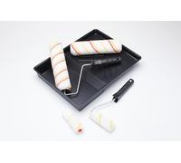 Fit For The Job Lot de 7 pièces, Rouleaux pour peinture-émulsion, 2 de 225 mm et 2 mini rouleaux, monture et bac, manchon à poils moyens pour peinture-émulsion artisanale sur murs et plafonds