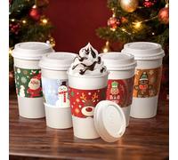 Fit Meal Prep Lot de 50 tasses à café de Noël de 473,6 g avec couvercles et manches de Noël, gobelets en papier épais durable pour boissons chaudes, chocolat, thé, cacao, tasses de Noël pour enfants,