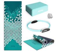 FITFIU Fitness KITWELL-400 - Kit yoga blu 4 accessoires pilates qui comprend tapis avec design géométrique, brique, anneau et sangle, spécial pour les séances de yoga et de pilates