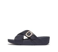 Fitflop Women's Lulu Crystal-Buckle Leather Cross Slides Sandal, bleu marine, 38.5 EU