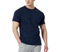 Fitness Exercice Crew Neck Hommes Manches Courtes Stretch Respirant Coton T-Shirt pour Exercice Extérieur Manches Quatre Quarts, Bleu marine, L