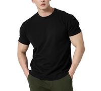Fitness Exercice Crew Neck Hommes Manches Courtes Stretch Respirant Coton T-Shirt pour Exercice Extérieur Manches Quatre Quarts, noir, L