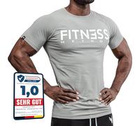 Fitness Method, T-shirt de sport pour homme, coupe slim et confortable, pour homme, col rond et taillet, entraînement et loisirs, gym et entraînement décontracté, 95 % coton, gris/blanc, L