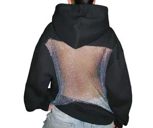 Fitooles Sweat à Capuche avec Dos en Maille Cristal pour Femme - Sweatshirt Surdimensionné - Tenue d'Hiver et d'Automne à la Mode - Sweat-shirt Décontracté avec Poches - Sweatshirt à Capuche Lâche