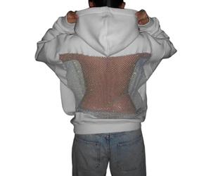 Fitooles Sweat à capuche surdimensionné en maille cristal pour femme - Tenue d'hiver et d'automne - Pull décontracté avec poches - Sweat à capuche ample avec poches, blanc, M