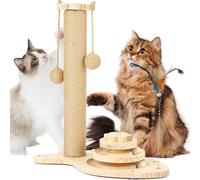 FitRepa Arbre à chat multifonction avec base en bois massif, piste interactive et jouet à plumes à ressort, griffoir pour chats d'intérieur